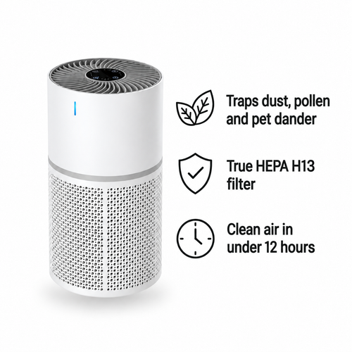 Oxa air purifier: traps dust, pollen and pet dander, True HEPA H13 filter, clean air in under 12 hours