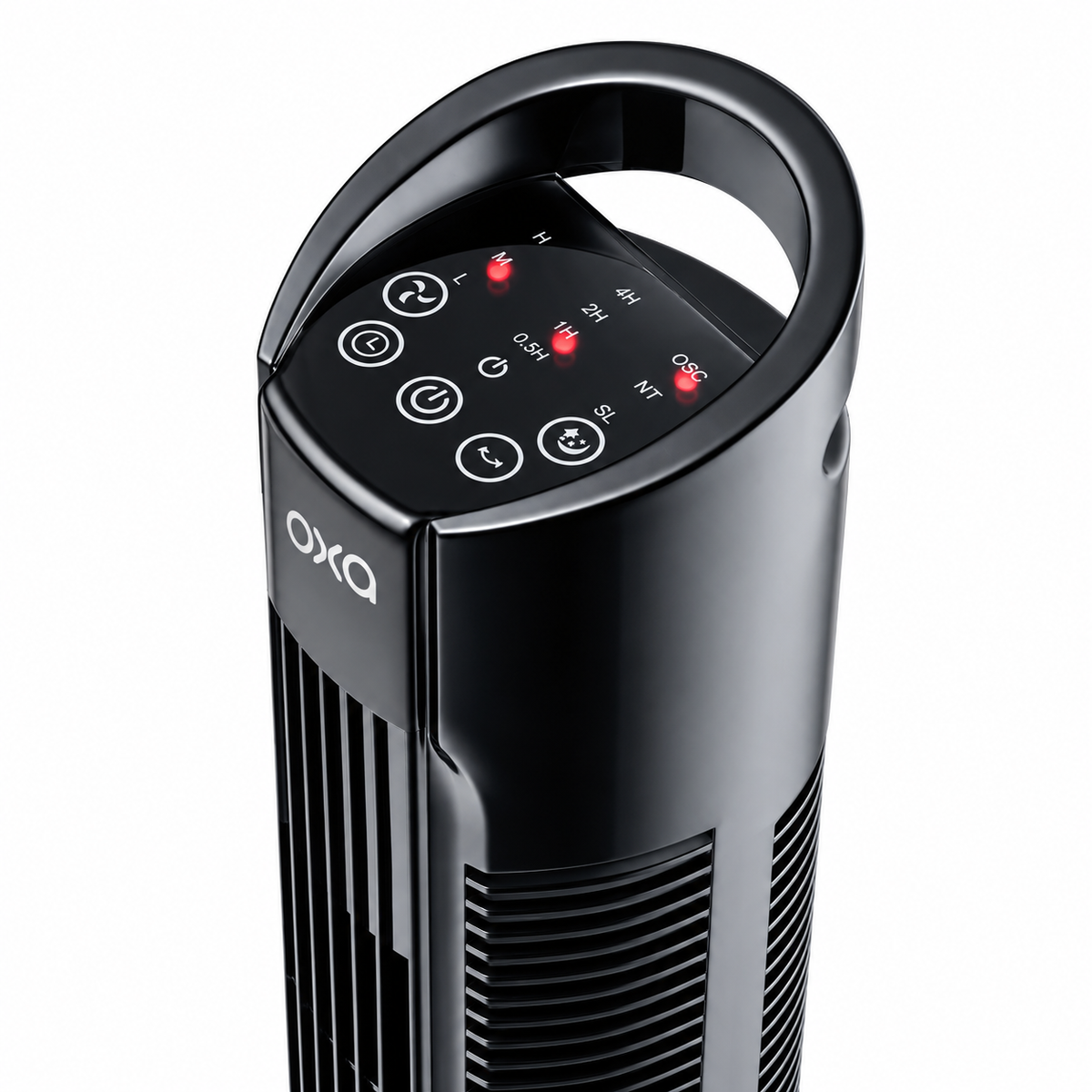 Touch control panel and carry handle on top of the Oxa Tower Fan
