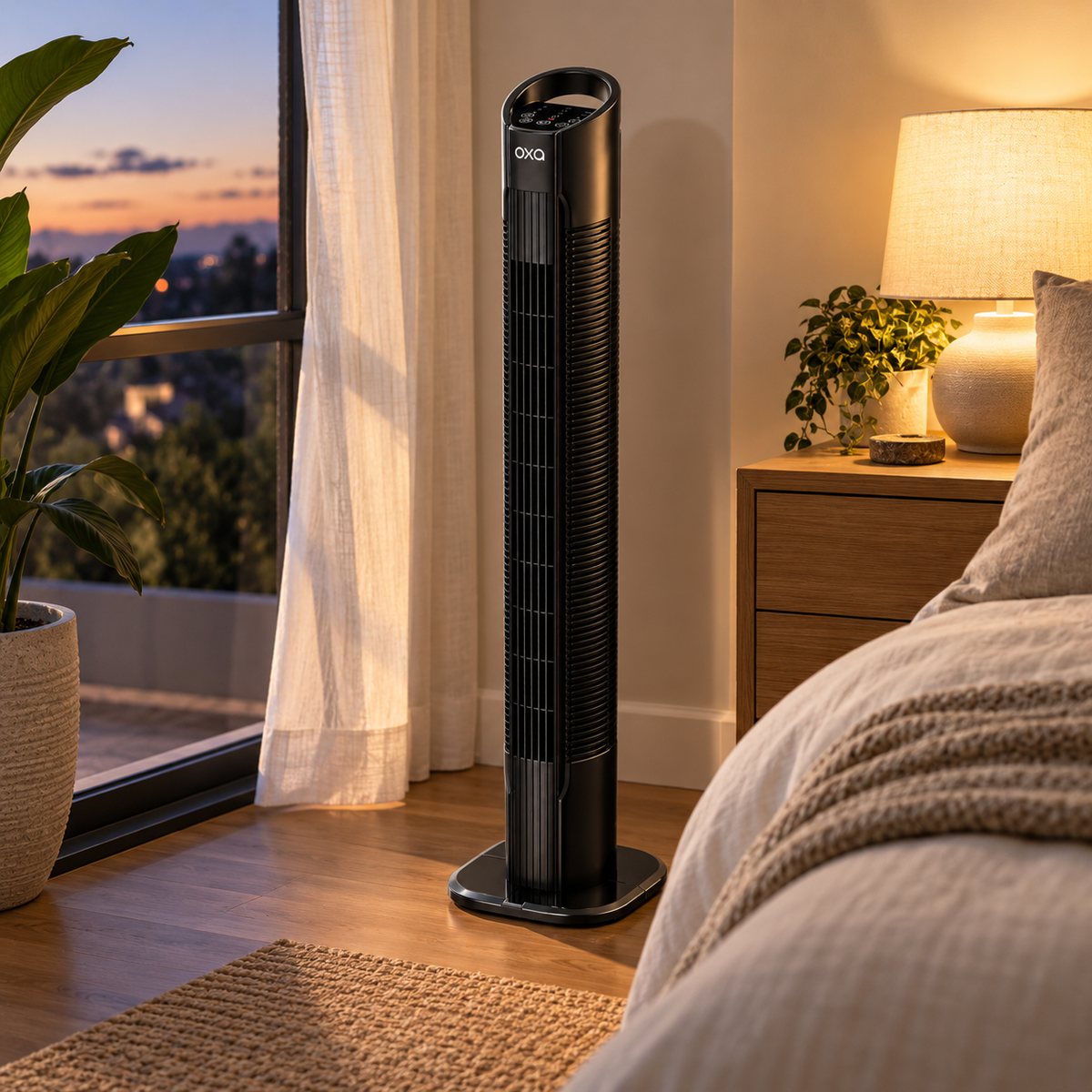 Oxa Tower Fan beside a bed on a summer evening