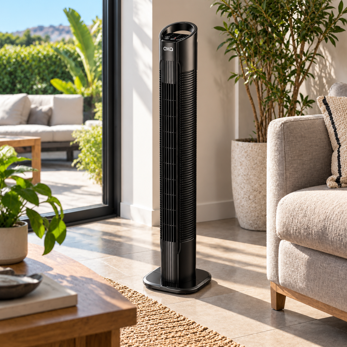 Oxa Tower Fan in the corner of a sunny lounge